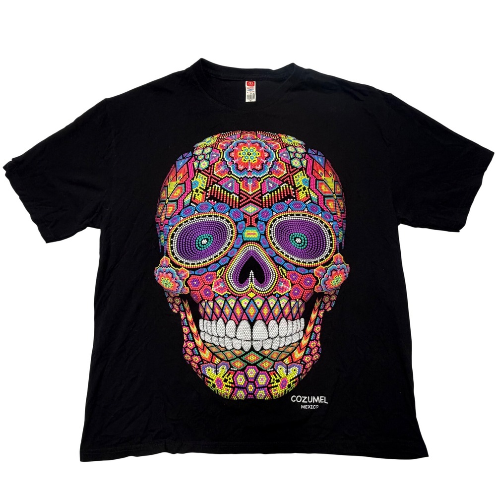 Black Short Sleeve Tee with Colorful Sugar Skull Graphic